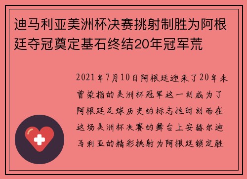 迪马利亚美洲杯决赛挑射制胜为阿根廷夺冠奠定基石终结20年冠军荒